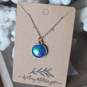 Hand Crafted Gold Necklace with Iridescent Blue Pendant